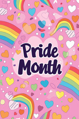 Pride month flyer with lgbt flags, flat illustration on pink background