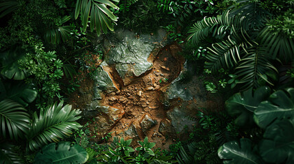 Naklejka premium Realistic Dinosaur Footprint in Earth Among Lush Vegetation.