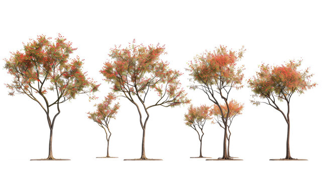 set of rowan trees  with isolated transparent background