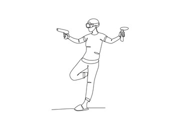Continuous one line drawing of Man playing virtual shooting game. Modern continuous line draw design graphic vector illustration
