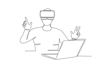 Continuous one line drawing of Man using virtual reality and laptop. Modern continuous line draw design graphic vector illustration
