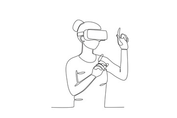 Continuous one line drawing of Woman using virtual reality headset. Modern continuous line draw design graphic vector illustration
