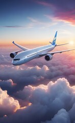 Commercial airplane flying above dramatic clouds during sunset, background with copy space.