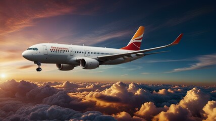 Commercial airplane flying above dramatic clouds during sunset, background with copy space.