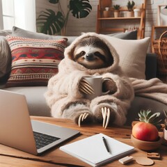 Cozy sloth freelancer working on laptop at home, chilled and relaxed, slow life lifestyle.