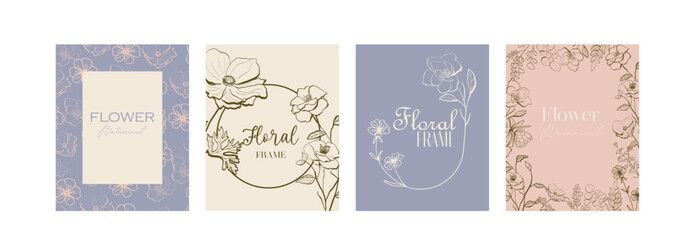 Design templates in simple modern style with copy space for text, flowers and leaves - social media stories, wedding invitation backgrounds and frames, wallpapers. Vector illustration