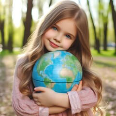 Cute little girl hugging globe on spring outdoor park, copy space, concept of environment protection, the Earth Day.