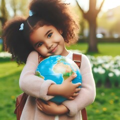 Fototapeta premium Cute little girl hugging globe on spring outdoor park, copy space, concept of environment protection, the Earth Day.