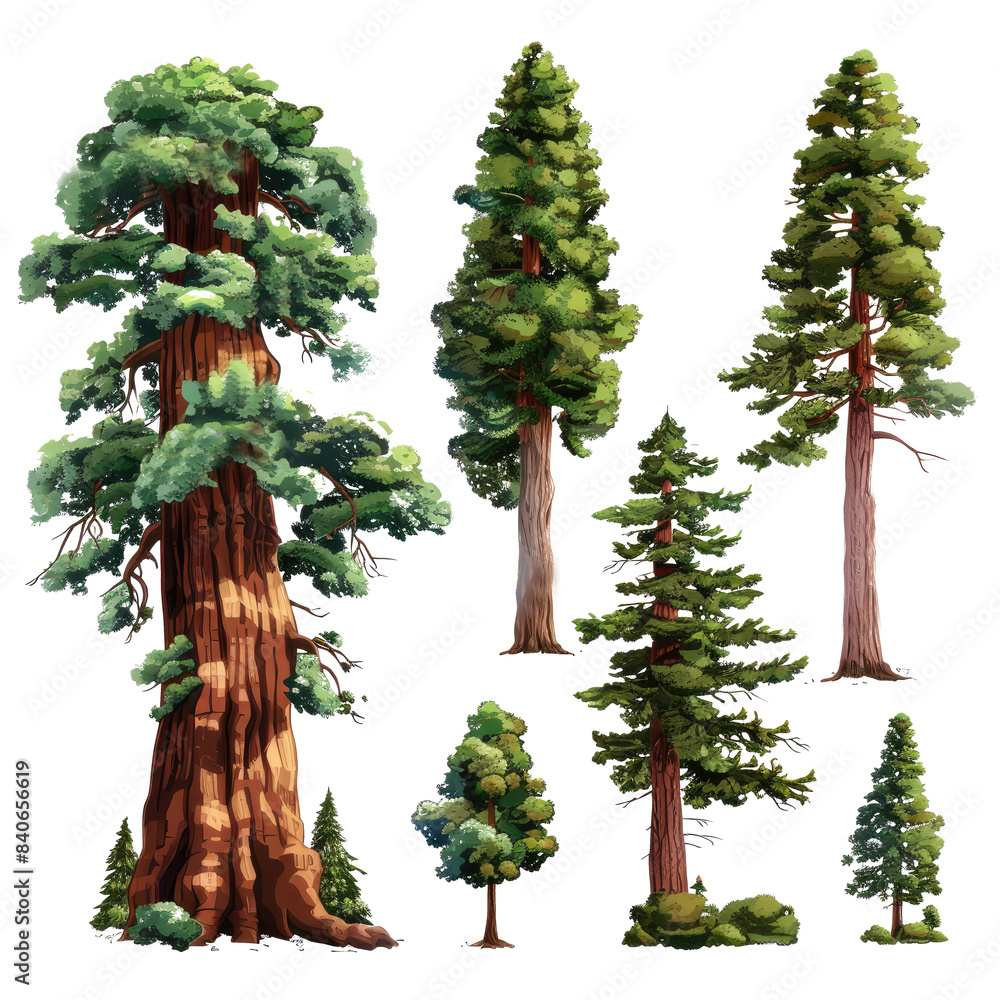 Wall mural set of sequoia trees with isolated transparent background