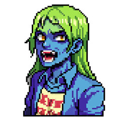 Fototapeta premium A creepy zombie, bloodthirsty with menacing grin. The undead, growling, looking for victims. Pixel art, vector illustration, isolated on transparent background.
