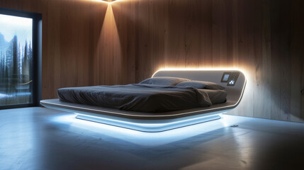 A sleek, modern bed frame that appears to levitate above the ground, with hidden supports creating the 
