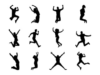 Set of Person Jumping Silhouette in various poses isolated on white background