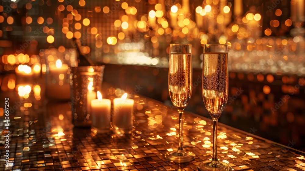 Poster a bar with two champagne flutes on a table with candles