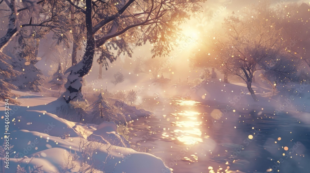 Poster a snow-covered landscape with beams of sunlight creating sparkling reflections on the snow, evoking 