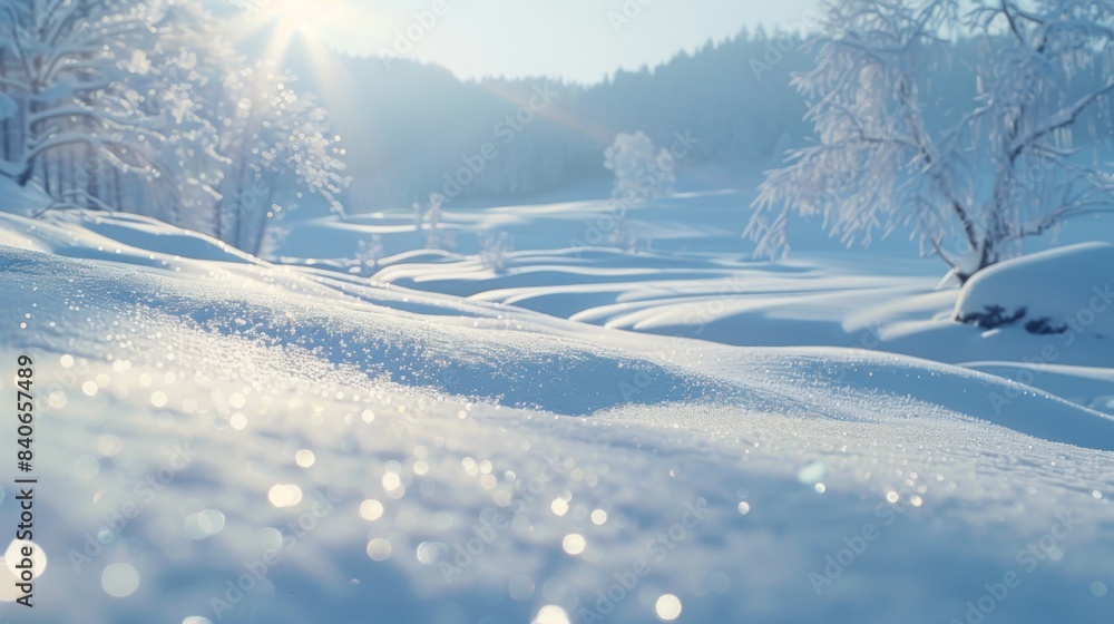 Poster a snow-covered landscape with beams of sunlight creating sparkling reflections on the snow, evoking 