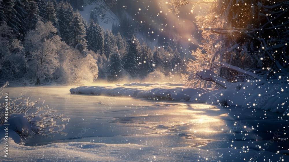 Poster a snow-covered landscape with beams of sunlight creating sparkling reflections on the snow, evoking 