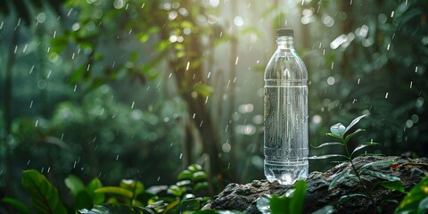 Universal plastic water bottle in jungle nature on rock model, wide banner with forest and raindrops background, drink more water, 4k HD wallpaper, generated by AI, HD wallpaper, background, generated