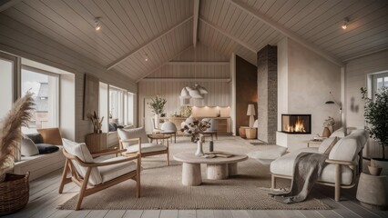 stunning 3D render of the interior of a beautiful modern house situated in a mountain forest at dawn.