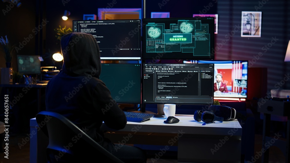 Poster happy man writing code on pc, celebrating after managing to get past security systems. hacker using 