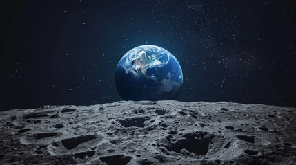 A stunning image of the Earth rising above the horizon of the Moon, with the rugged lunar surface in the foreground.  