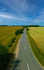 View of the fields and roads from the height of a flying drone. 
