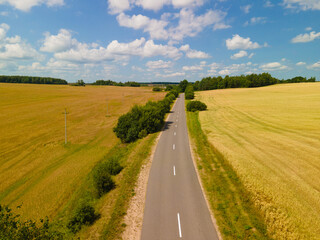 View of the fields and roads from the height of a flying drone. 