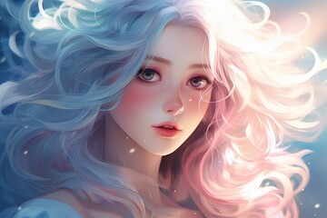 Fototapeta premium Beautiful anime girl with flowing hair, soft pastel colors, gentle lighting, close-up, dreamy background.