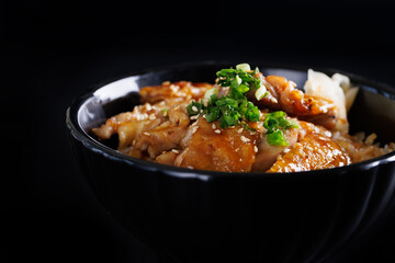 Grilled Chicken teriyaki rice Japanese food isolated in black background