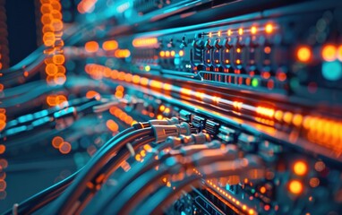 Data transmission concept, digital streams flowing between servers, seamless connectivity close up, focus on data flow, futuristic, overlay, data center backdrop