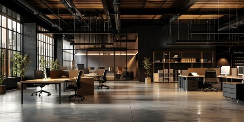 Cuttingedge flex work environment, adaptive workspaces, 3d, moody light, focus on modular furniture, dynamic, Multilayer, Modern office backdrop