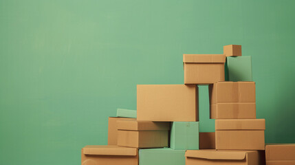 Numerous cardboard boxes piled in front of a green wall