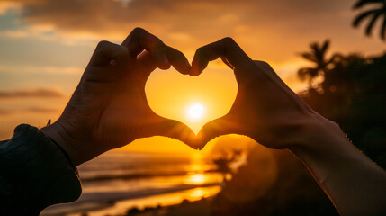  two hands forming a heart shape with the rising sun 