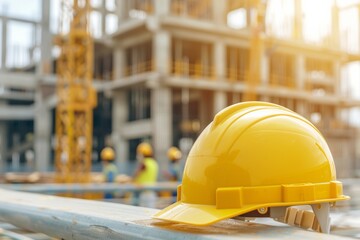 Workers in background, yellow hard hat on construction site. Safety is top priority.