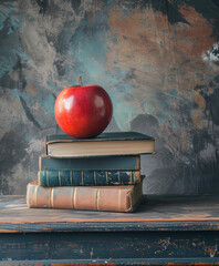 A juicy red apple stands on a stack of old books. School or university. Gray-blue background.