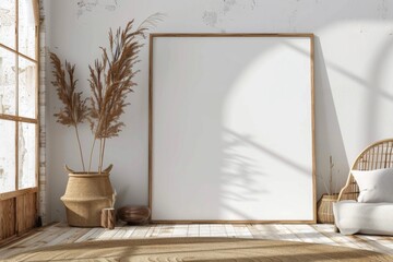 Poster frame mockup in minimalist brown interior created with generative ai