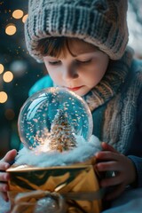 Naklejka premium A young child holding a snow globe containing winter scene