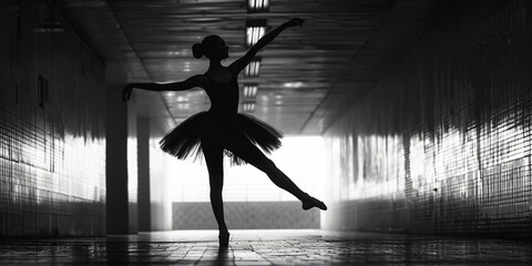 Ballerina performing in a dimly lit corridor. Black and white dance photography with strong contrasts. Artistic expression for design and print