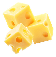 Emmental cheese cubes with holes on white background. File contains clipping path.
