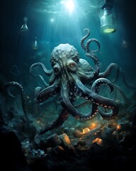 Murky underwater scene, an octopus clutching a plastic bottle, scattered debris, dim light highlighting pollution, medium shot, somber mood.