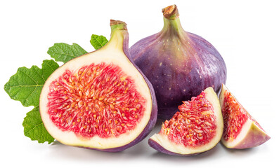 Fig fruits with fig leaves and slices of fig isolated on white background.