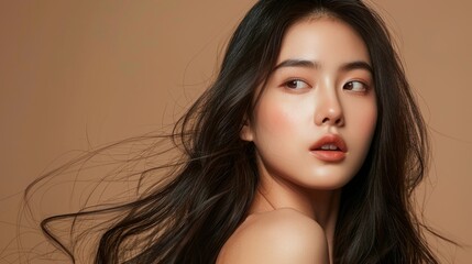 Naklejka premium Asian beauty woman with long hair, Korean makeup, and flawless skin, isolated on a beige background, capturing the essence of modern cosmetology and skincare