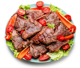 Dish with grilled delicious tasty lamb meat and vegetables isolated on plate on white background. Flat lay.