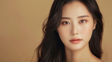 Beautiful Asian woman with long hair and Korean makeup, flawless skin against a beige background, perfect for advertising facial treatments and plastic surgery