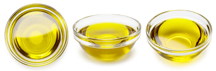 Three glass bowls of olive oil isolated on white background. File contains clipping path.