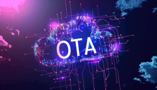 OTA technology illustration. Over-the-air update concept with digital cloud and network connections. Modern technology background for OTA services.
