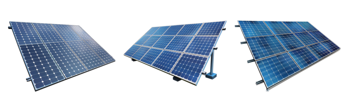 Three angled solar panels capturing sunlight for clean, renewable energy. Green technology for sustainable and efficient power generation.
