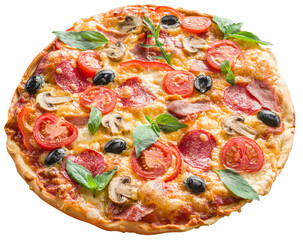 Pizza topped with cherry tomatoes, salami and other ingredients on white background. Top view. File contains clipping path.