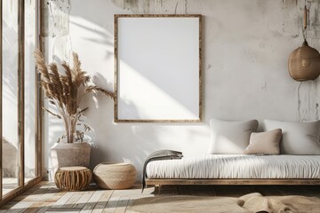 Poster frame mockup in minimalist brown interior created with generative ai