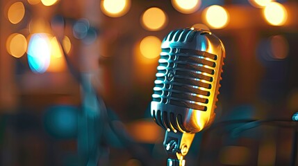 Vintage microphone, bokeh lights background, metal microphone, warm light ambiance, retro mic, stage performance, music vibes, classic style