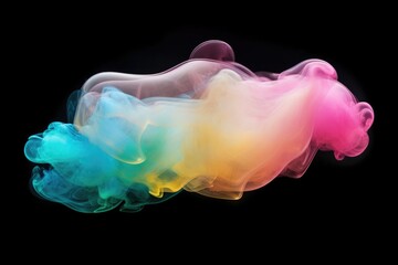 A vibrant, colorful cloud of smoke against a dark, black background